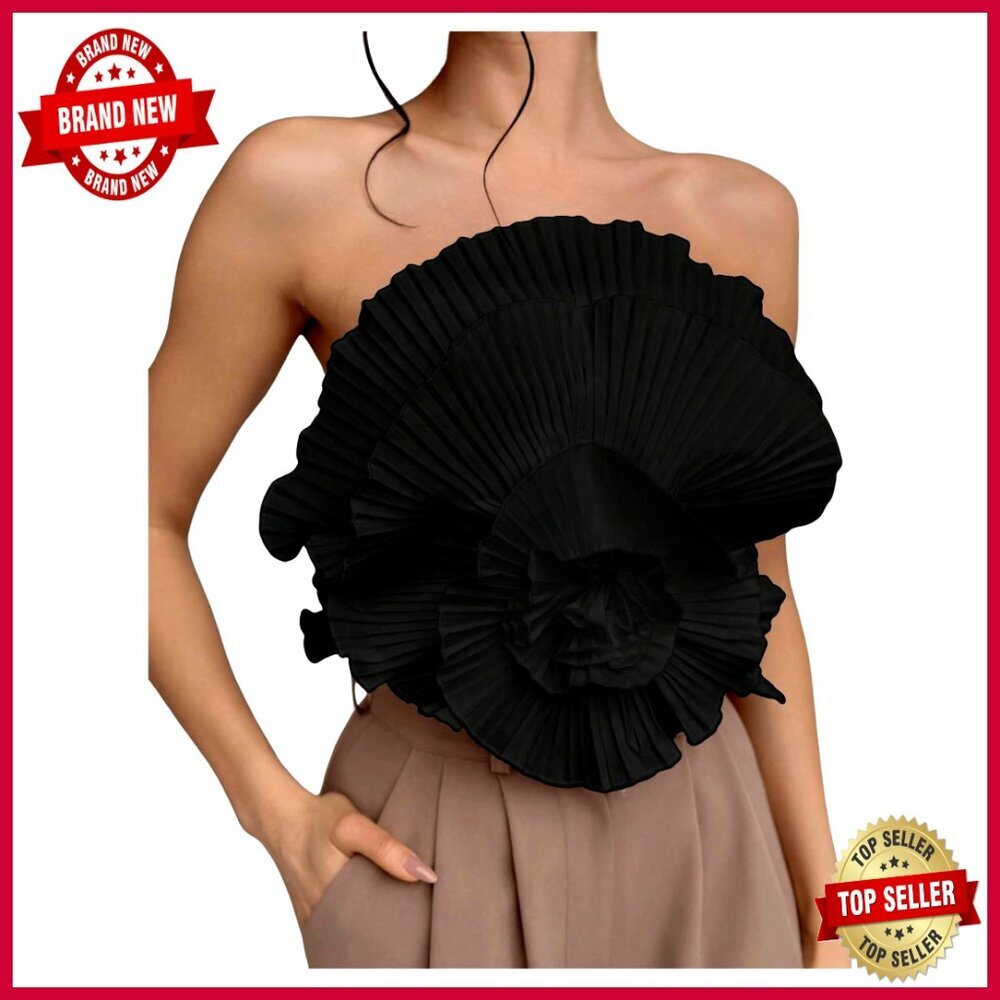 Strapless Bandeau Top 3D Flower Decor Cropped Tube Top Non-Stretch